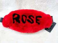 Custom Red real rabbit fur fanny pack with letters ROSE in black letters