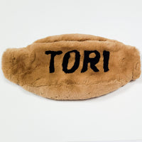 Custom Camel color real rabbit fur fanny pack with letters TORI in the color black