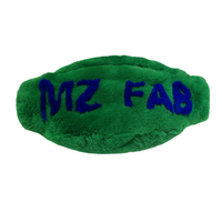 Custom Green real rabbit fur fanny pack with letters MZ FAB in the color Blue 