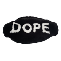 Custom BLACK real rabbit fur fanny pack with letters DOPE in the color white
