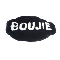 Custom Black real rabbit fur fanny pack with letters BOUJIE in the color white